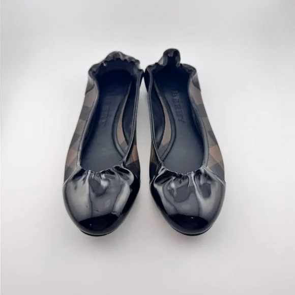 Burberry Nova Check Patent Leather Women's Black & Brown Checkered Ballet Flats - Picture 1 of 8